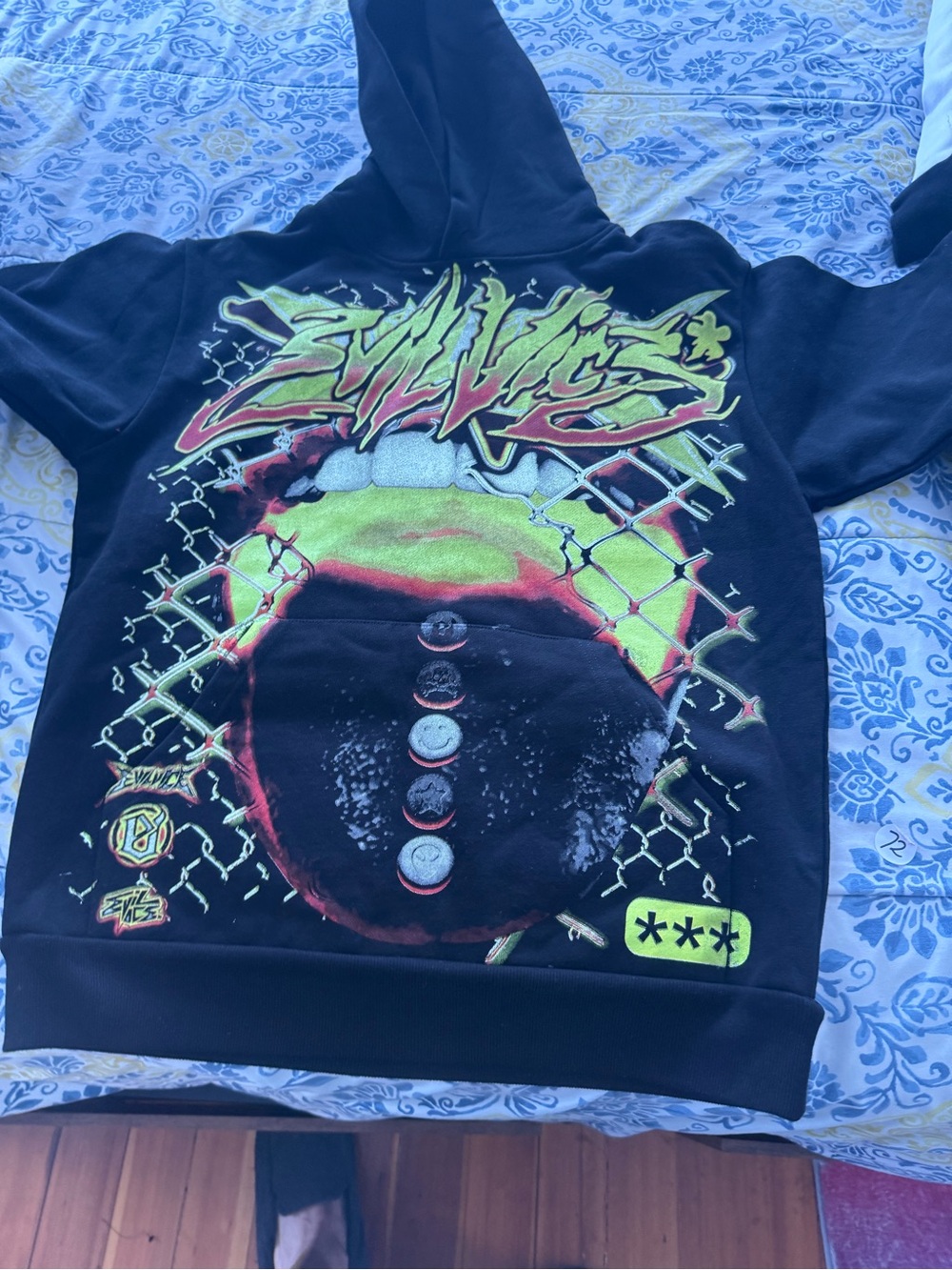 Black Graphic Zip-Up Hoodie with Neon Skate-Inspired Print